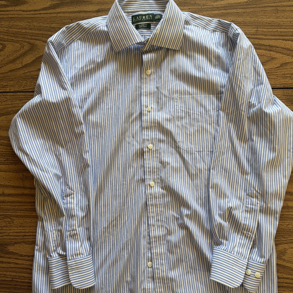 Lauren Ralph Lauren Mens Stripe Dress Shirt Classic Fit Non Iron 16.5 32/33 Blue